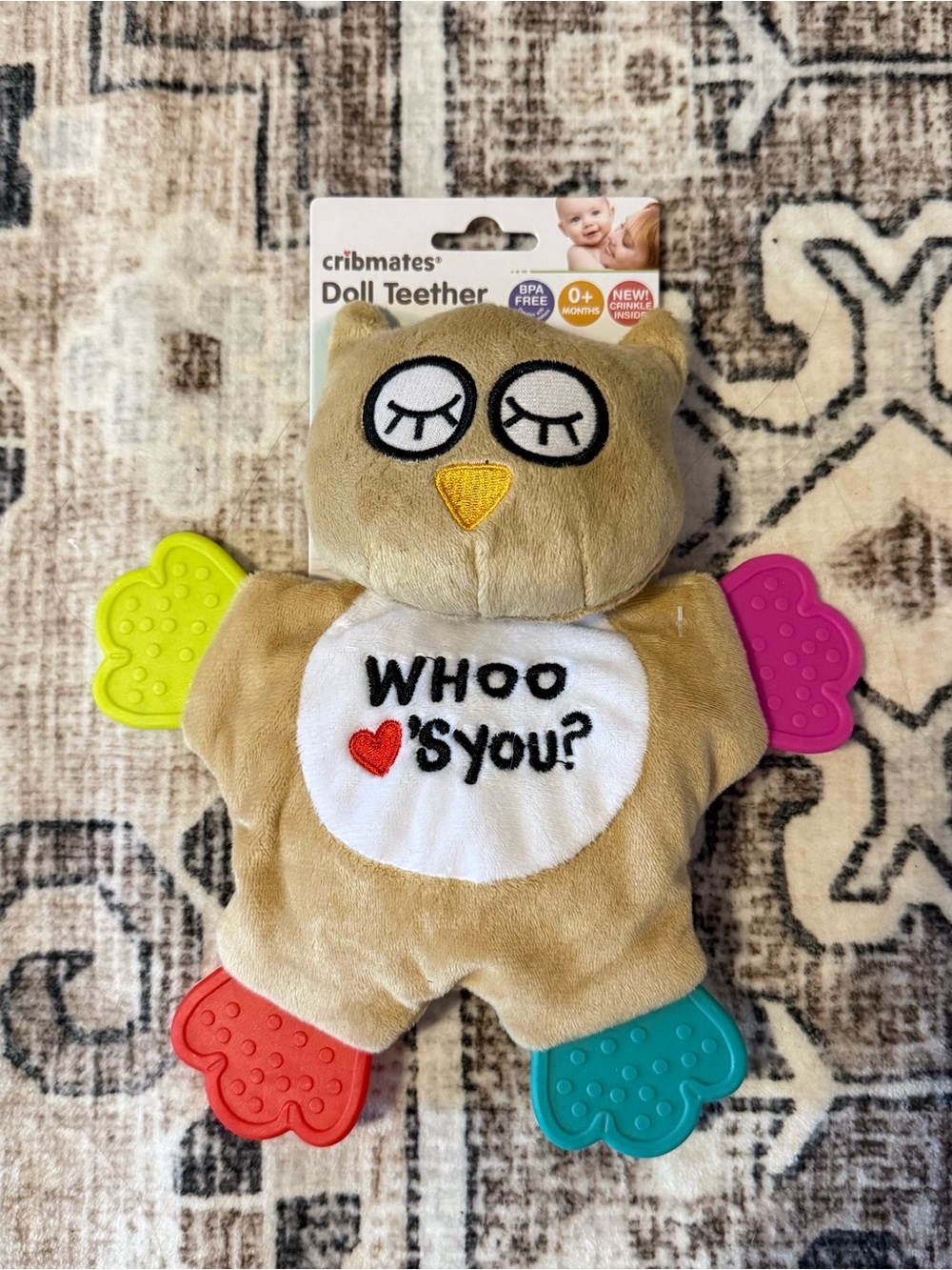 Plush Owl Doll Teether - Beige with Multicolor Teething Tabs